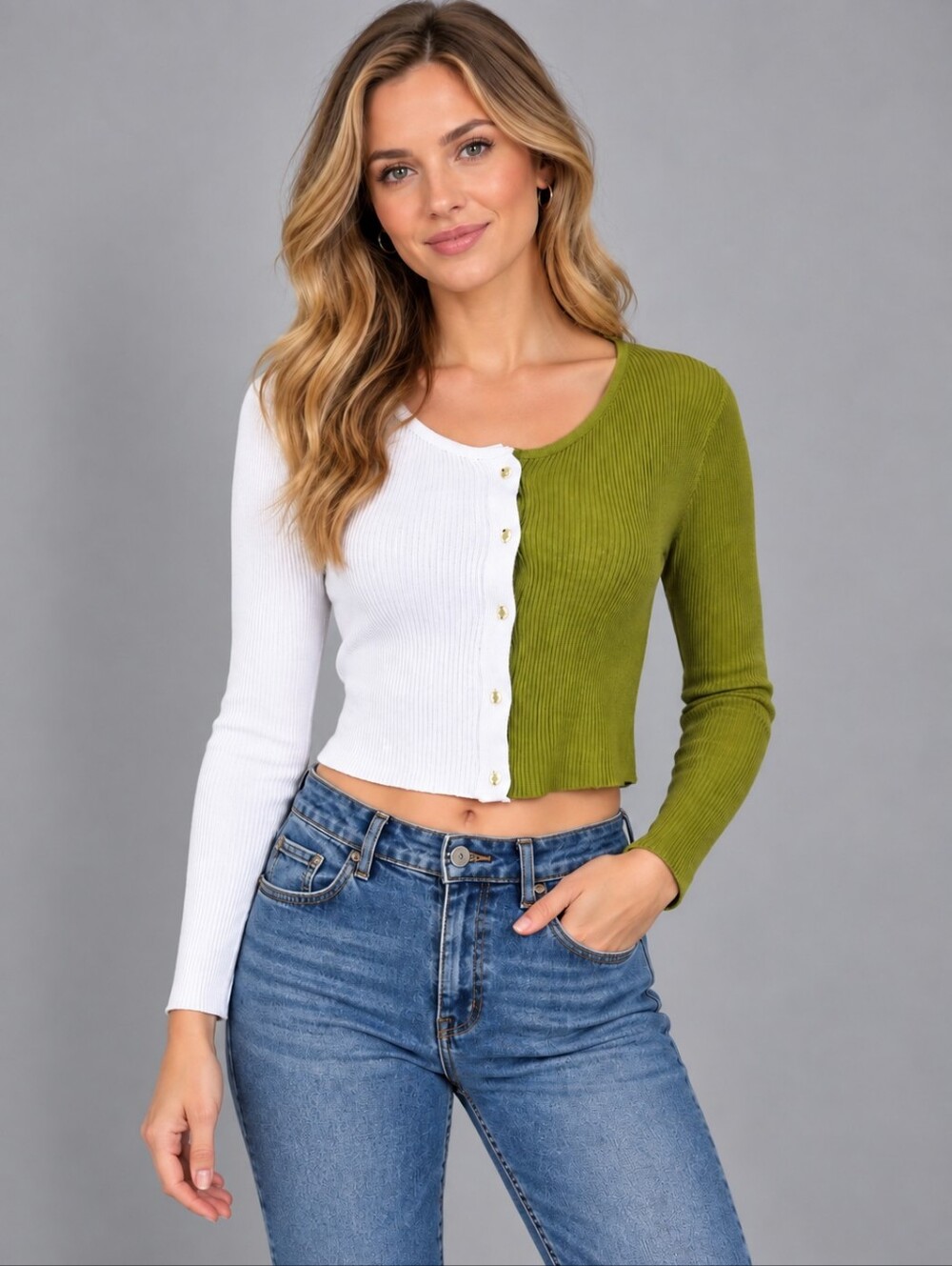 SAY WHAT 1990s Two-tone Colorblock Ribbed Crop Cardigan Junior Large